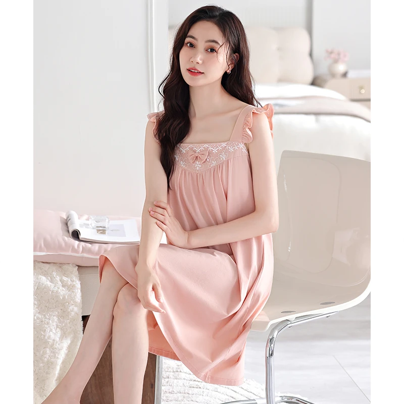 带胸垫睡裙女夏季纯棉无袖背心薄款夏天睡衣裙女款孕妇夏款连衣裙