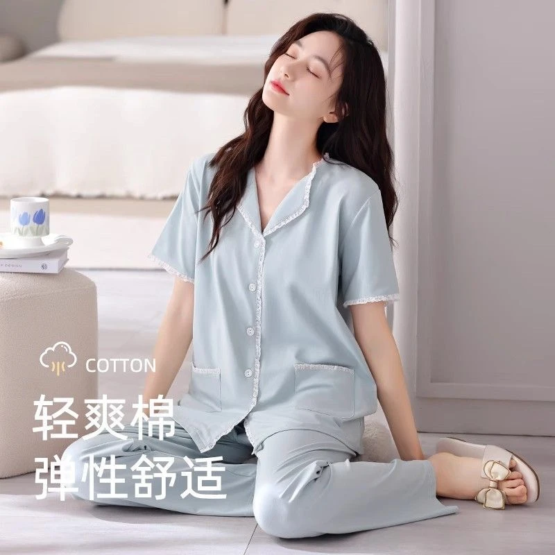 睡衣女夏季纯棉短袖长裤薄款夏天2024年新款半袖夏款可外穿家居服