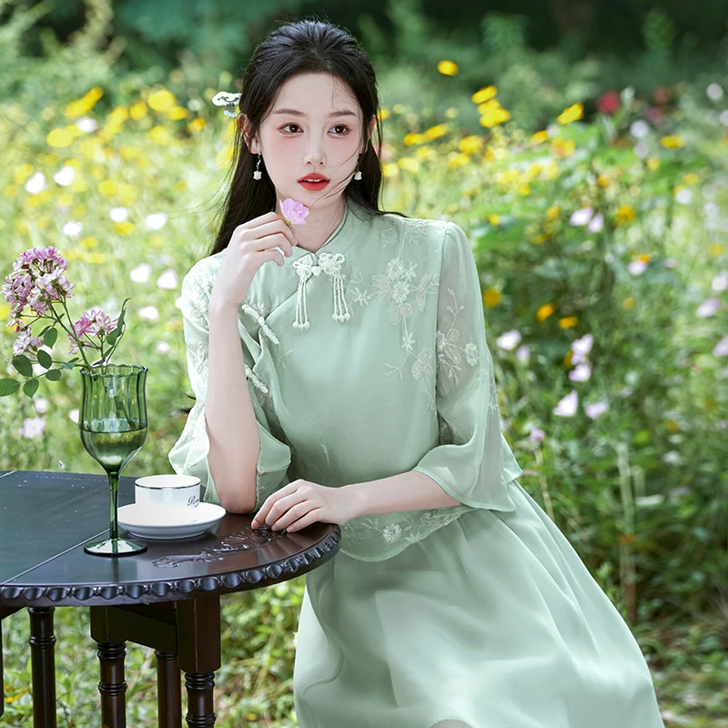 新中式国风改良旗袍上衣重工刺绣禅意茶服仙气汉服套装中国风唐装