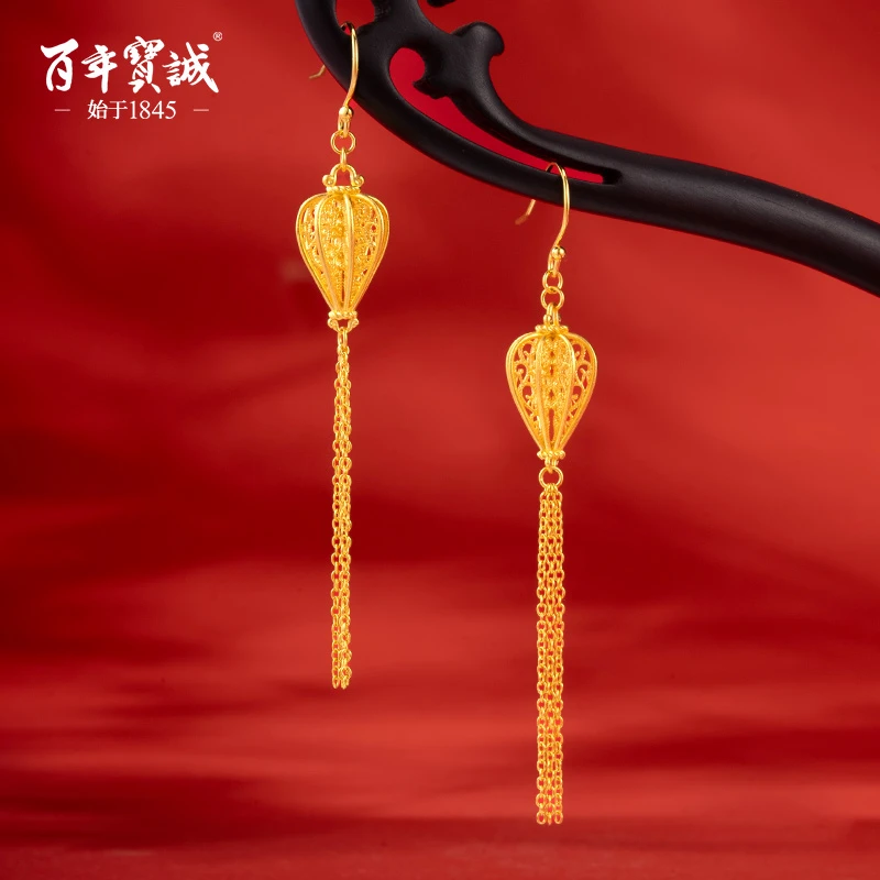 百年宝诚 925银耳饰 鎏金圆灯笼耳饰中国风国潮风百搭复古新中式