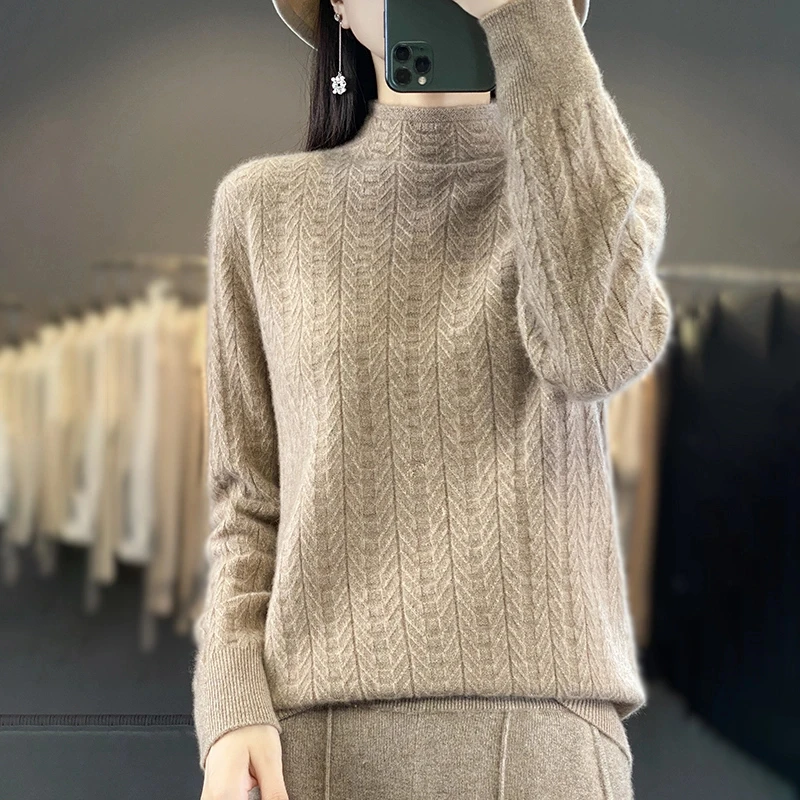 【宁宝】2024秋冬新款100%纯羊毛衫半高领绞花长袖针织衫女打底衫
