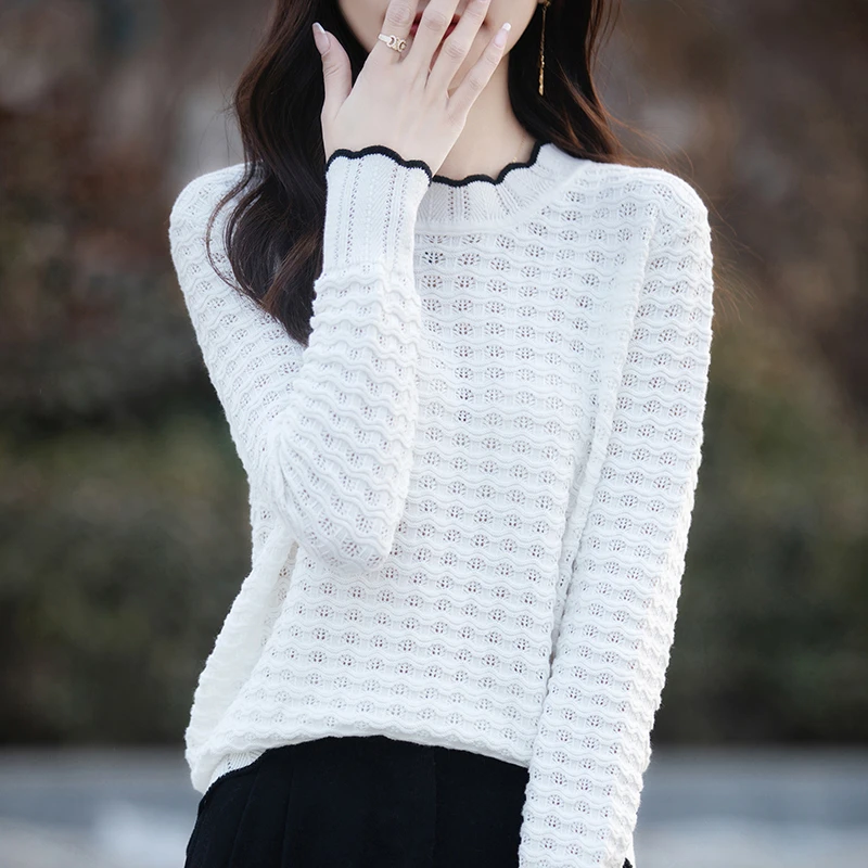 【宁宝】春夏新款纯棉长袖针织衫毛衣上衣打底宽松镂空圆领套头百搭