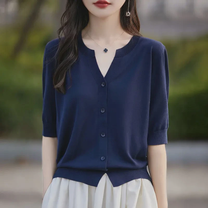 2024新款100%莱赛尔天丝半开V领短袖开衫显瘦气质百搭夏季上衣