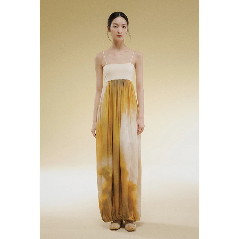MURMUR MI 22SS 设计师品牌 拼接吊带裙长款灯笼连衣裙