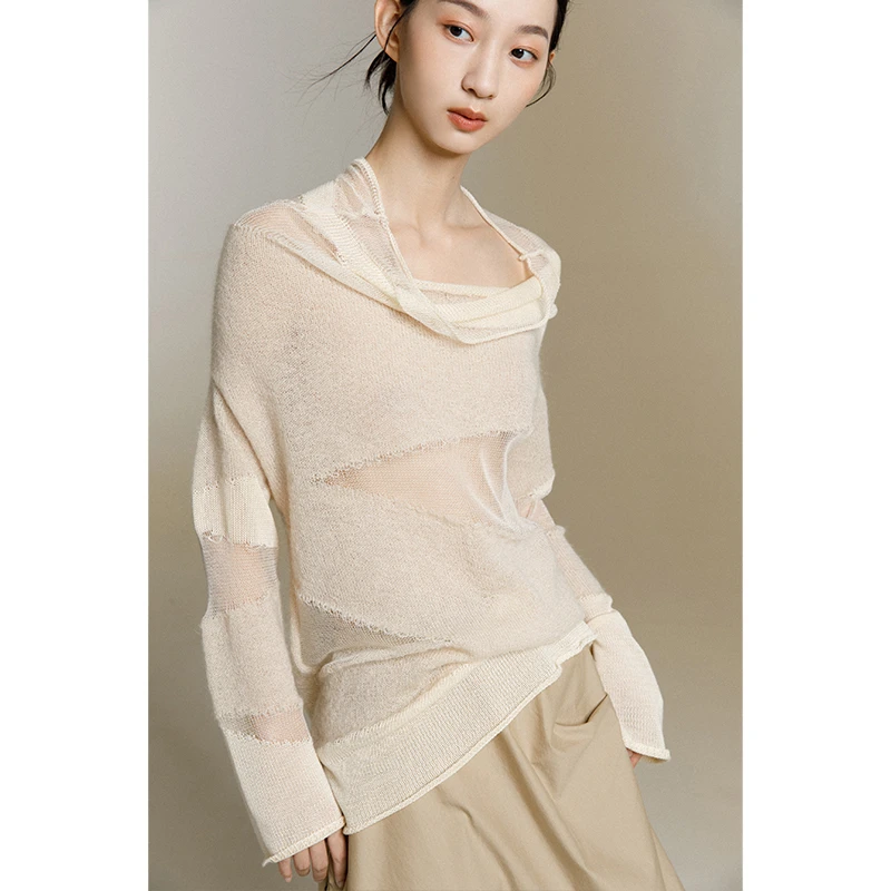 MURMUR MI 22PF 设计师品牌 网纱拼接镂空针织衫女初秋薄款毛衣