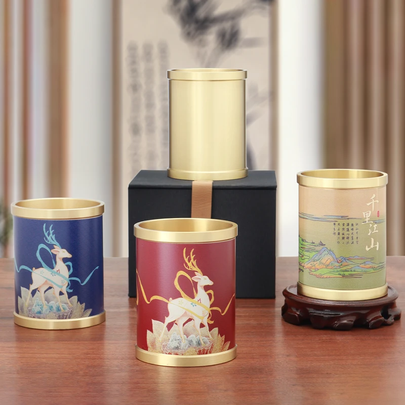 纯黄铜彩绘笔筒摆件家用办公室桌面创意文具书房送礼品工艺品国潮