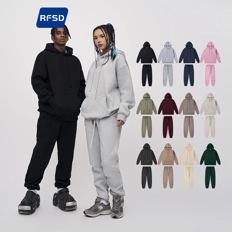 RFSD2023秋冬加绒加厚连帽纯色卫衣卫裤欧美连帽卫衣套装宽松外套