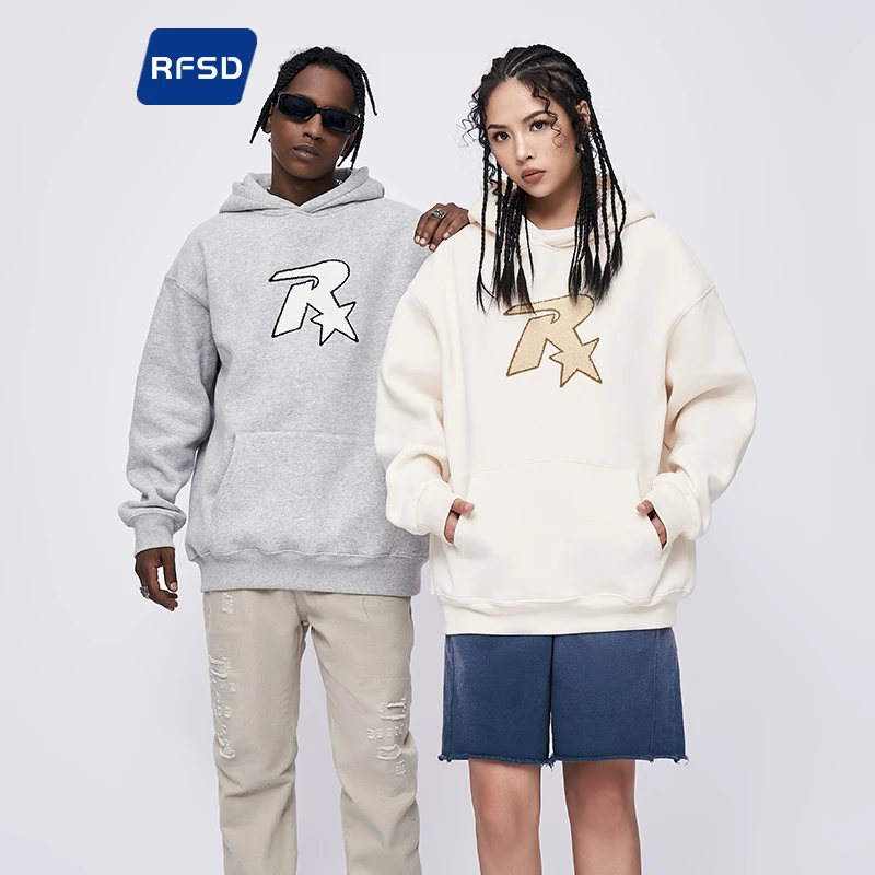 RFSD2023年秋冬380g加绒宽松潮牌R星绣花连帽卫衣男士外套