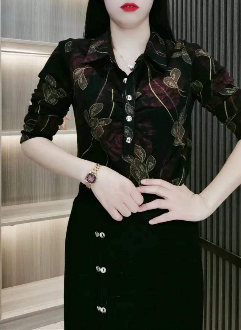 打底衫气质妈妈装女士印花百搭时尚显瘦长袖网红洋气衣服女869