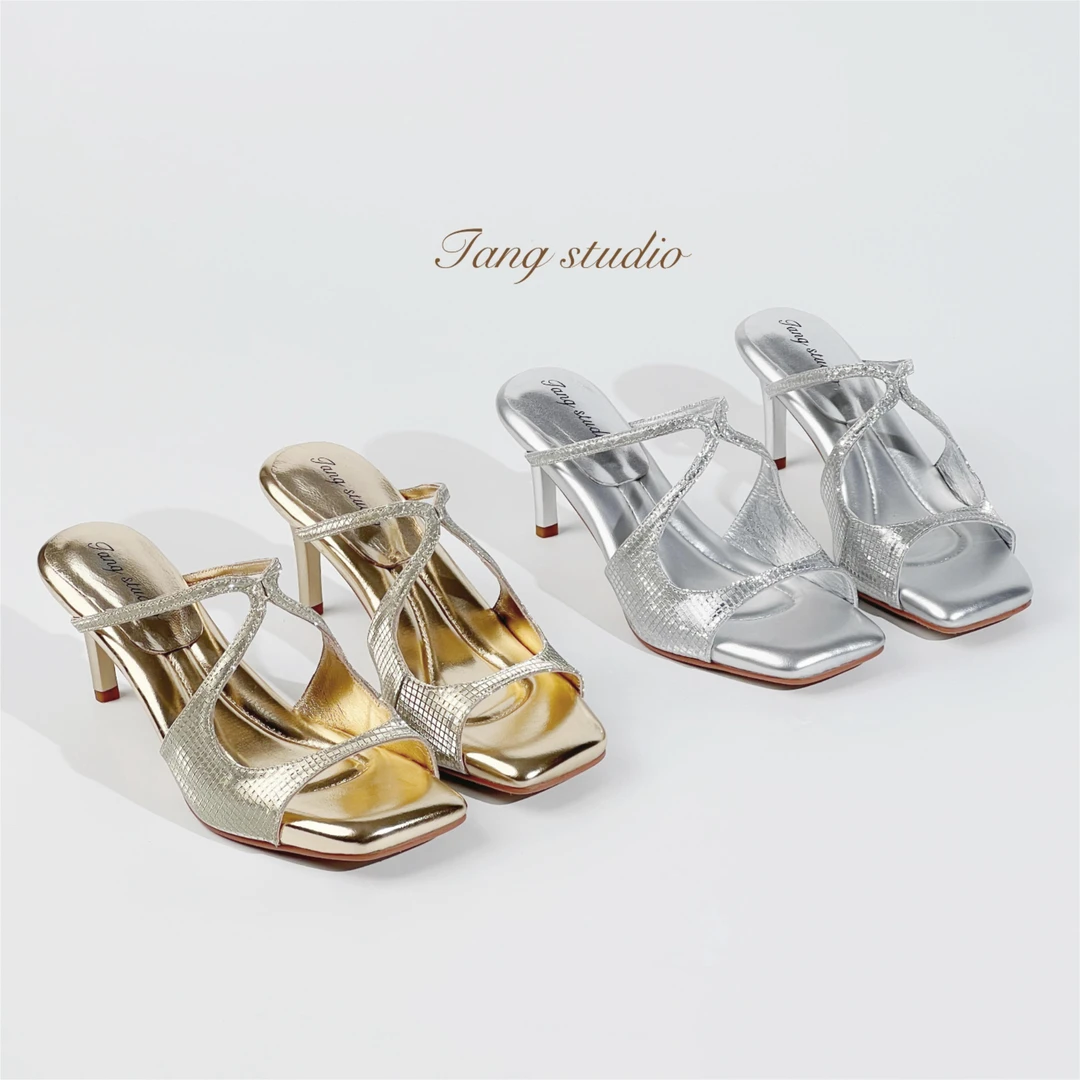 【Tang Studio】 后空细跟鱼嘴闪闪金银色凉拖穆勒托6cm/T101