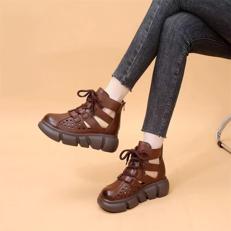 真软皮洞洞鞋2024夏新款百搭罗马凉鞋包头镂空凉靴厚底松糕底凉鞋