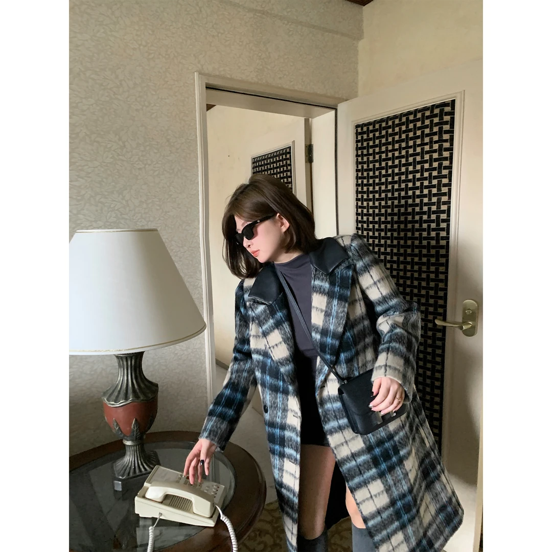 私服!!!【超好看蓝格纹!!·“蓝丝绒大衣”】格子大衣Z243CP2484