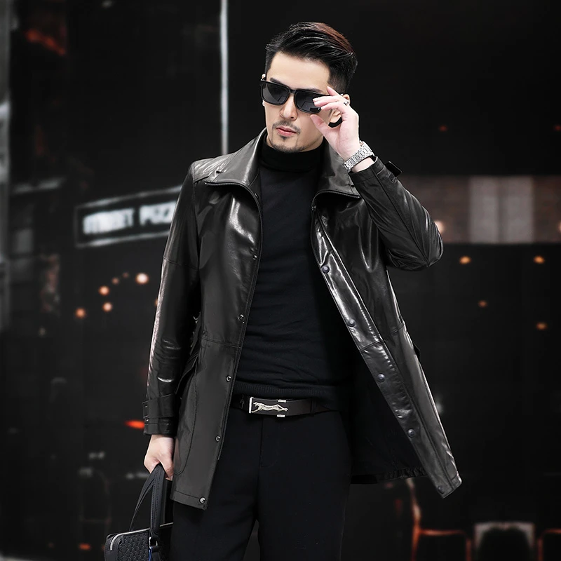 ZISANG3386山羊皮中长款翻领真皮皮衣男商务休闲春秋新款单皮外套
