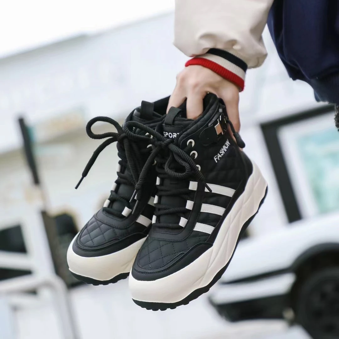 冬季新款真皮厚底高帮大棉防滑软底加绒里运动时尚休闲百搭女鞋