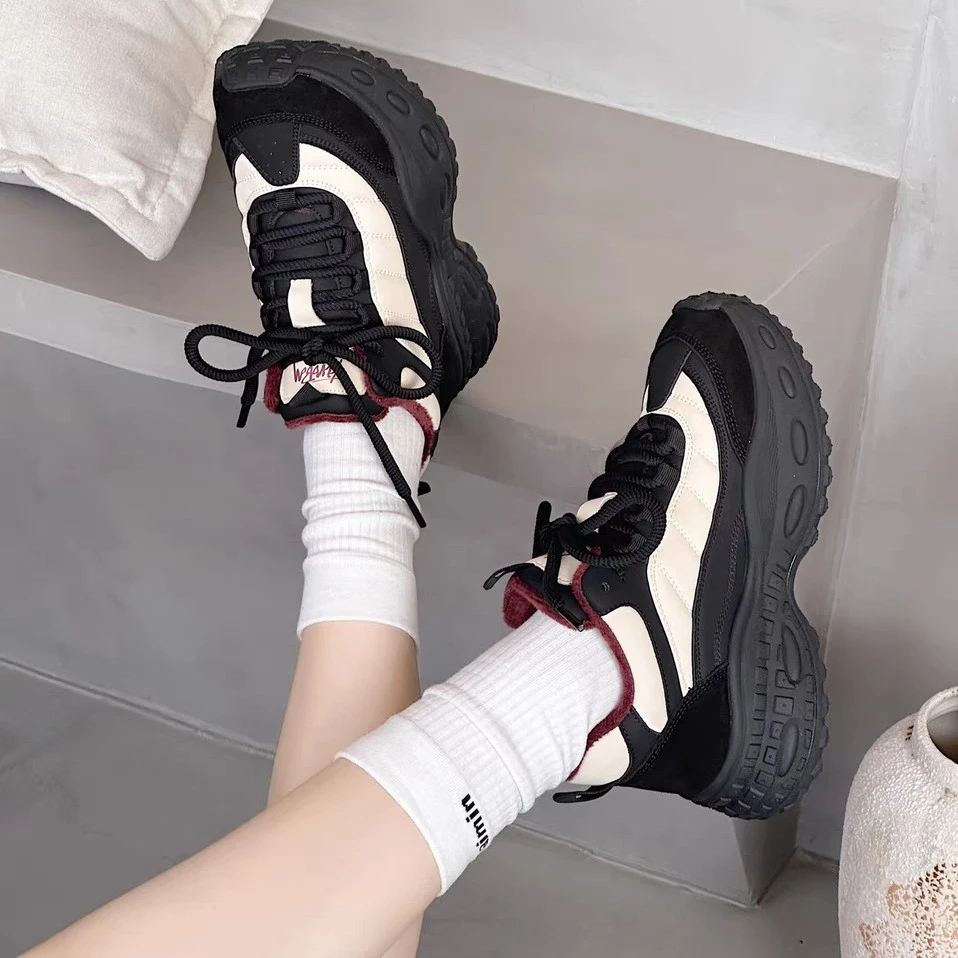 拼色厚底加绒阿甘鞋女保暖防滑软底休闲运动鞋百搭休闲高帮冬季
