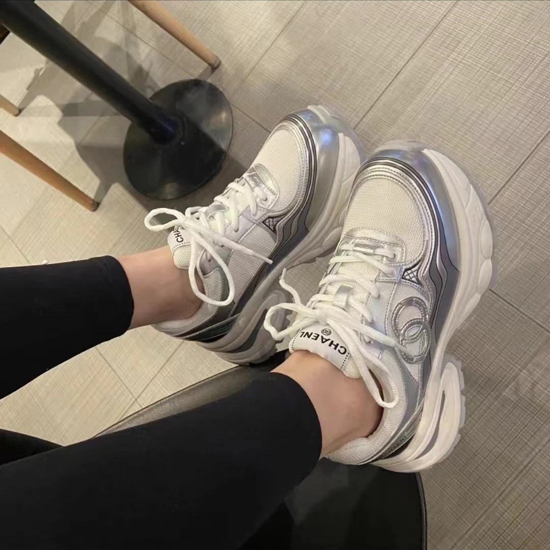 春季新款真皮配网厚底时尚潮流百搭女休闲运动老爹鞋韩版透气女鞋