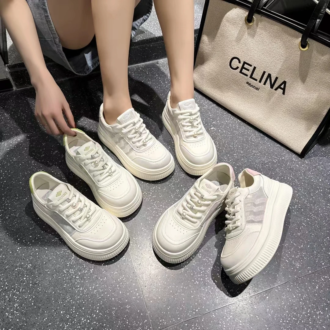 夏季新款欧洲站真皮配丝网女休闲时尚潮流小白鞋百搭系带韩版厚底