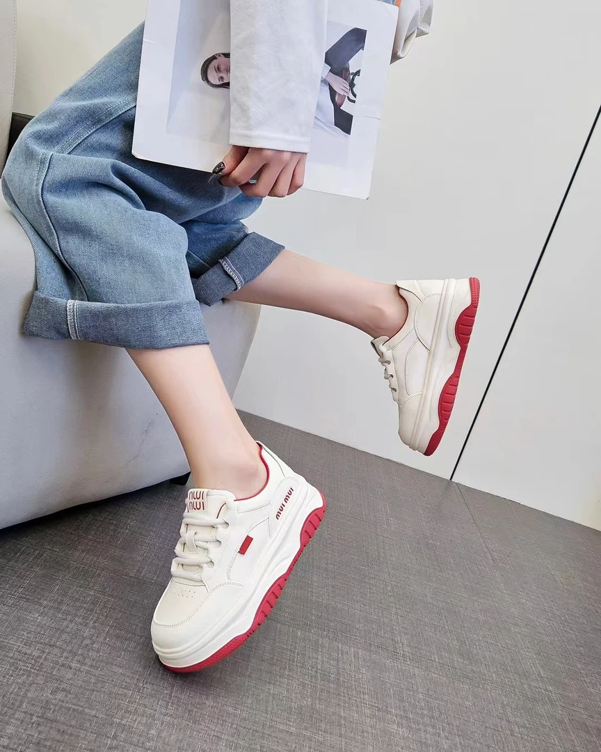 春季新款真皮厚底时尚潮流百搭女休闲运动鞋小白鞋系带透气夏季