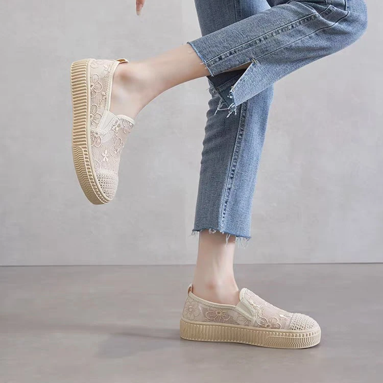 夏季新款丝网面透气软底女休闲运动乐福鞋渔夫鞋平底镂空蕾丝春夏
