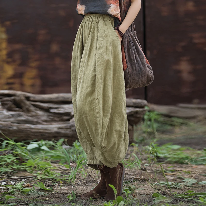 苎麻砂炒做旧32片拼接休闲南瓜裤24春夏棉麻女装新款阔腿裤九分裤