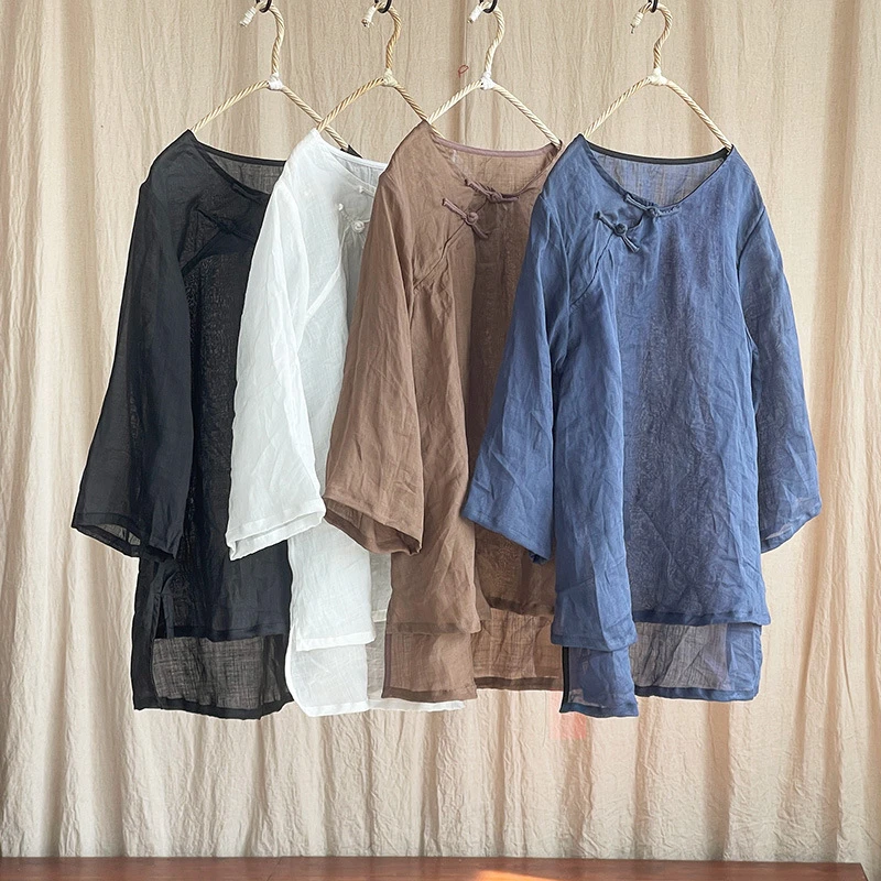 原创棉麻女装薄苎麻中式禅意国风衬衫女文艺复古衬衣宽松小衫