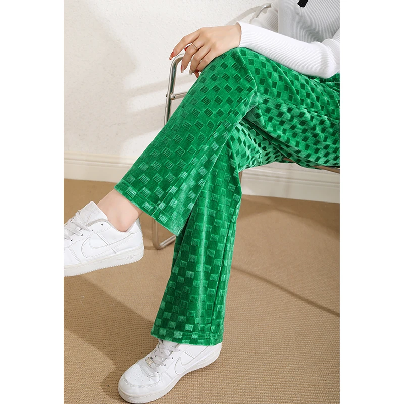 提花绿色金丝绒阔腿裤女窄版垂感高腰2024春秋新款显瘦休闲直筒裤