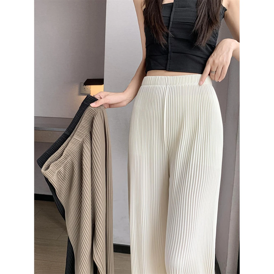 大码女装冰丝百褶阔腿裤女夏季凉凉裤宽松百搭拖地裤直筒休闲裤