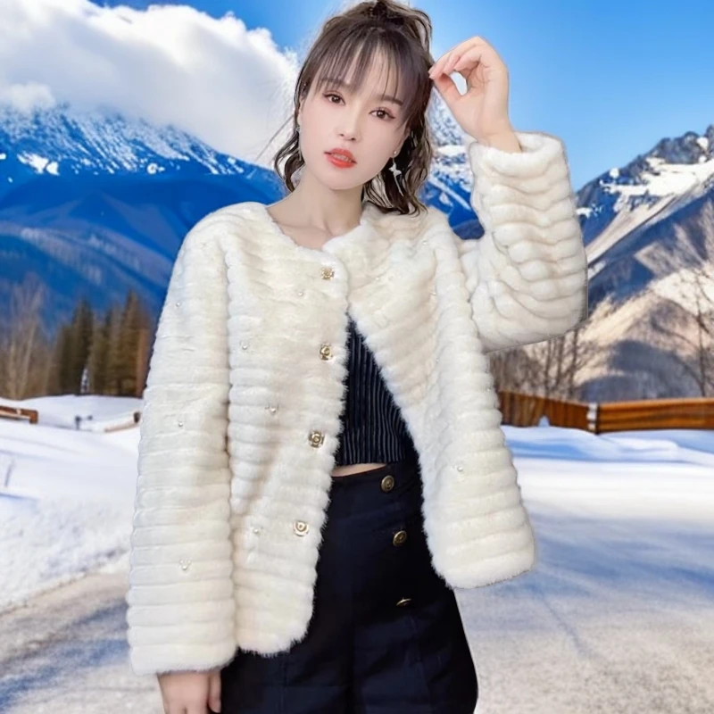 【CGC】貂绒皮毛一体满天星条纹欧貂绒时尚气质百搭女外套