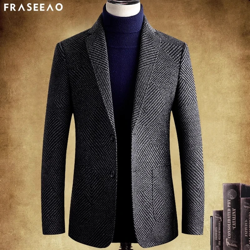 男士休闲西装复古时尚羊毛条纹修身西服男单件秋冬季厚款毛呢外套