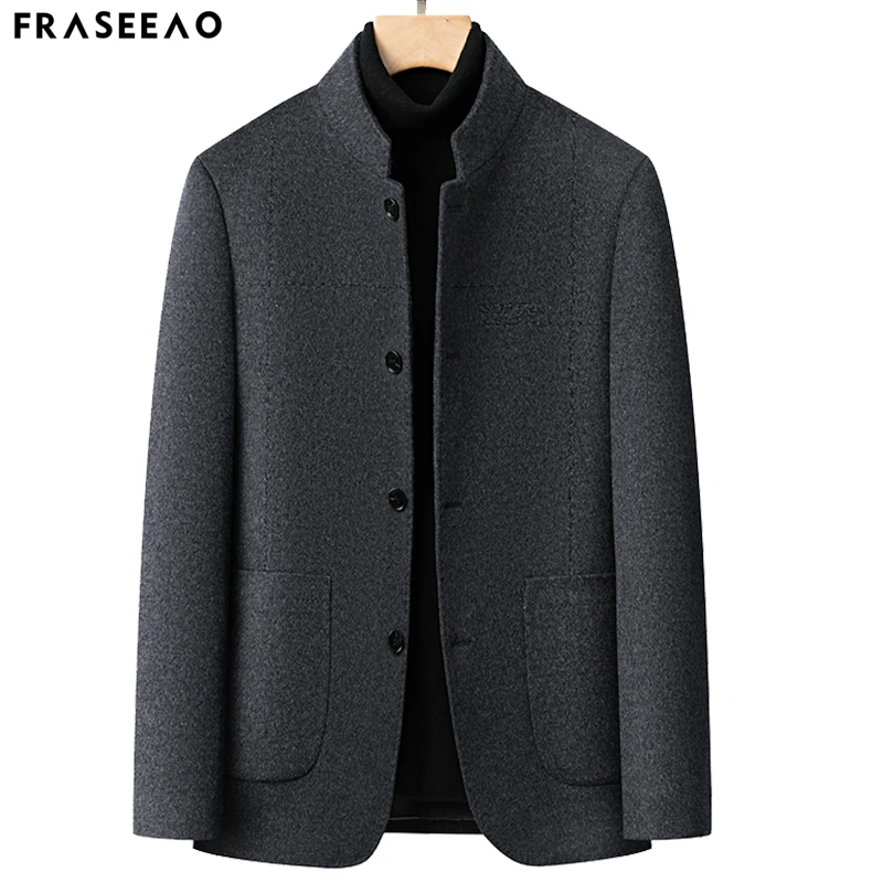 高端羊绒夹克中年男士立领秋冬季中山装商务爸爸羊毛呢子大衣外套