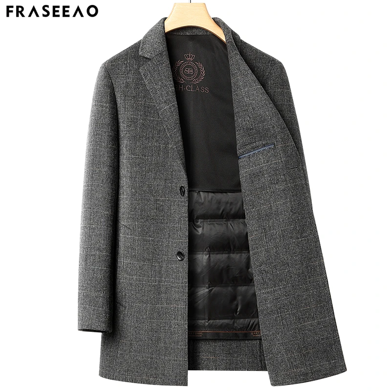 【鹅绒内胆】格纹羊毛呢大衣男中长款新款中年冬季西装领呢子外套