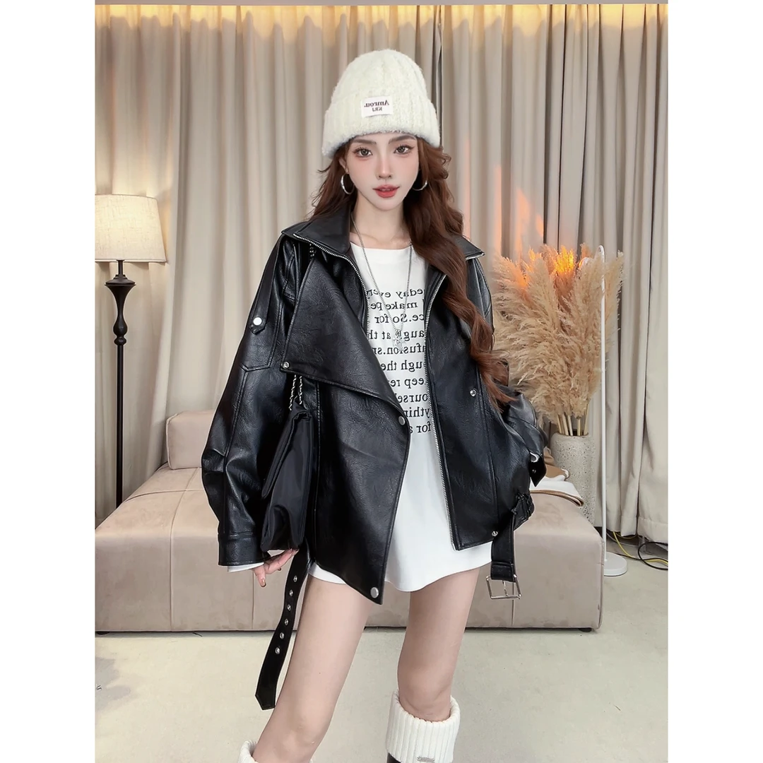 【曼哈顿】秋冬气质时尚洋气长袖百搭机车夹克上衣皮外套#1970