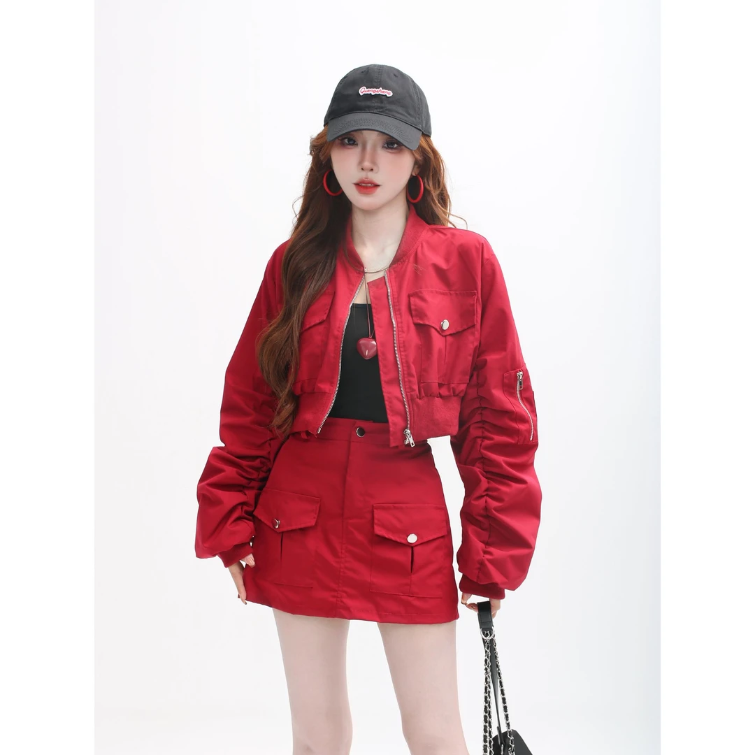 【泡泡哥特】甜酷工装套装棒球服外套早秋高腰半身裙裤两件套#1923