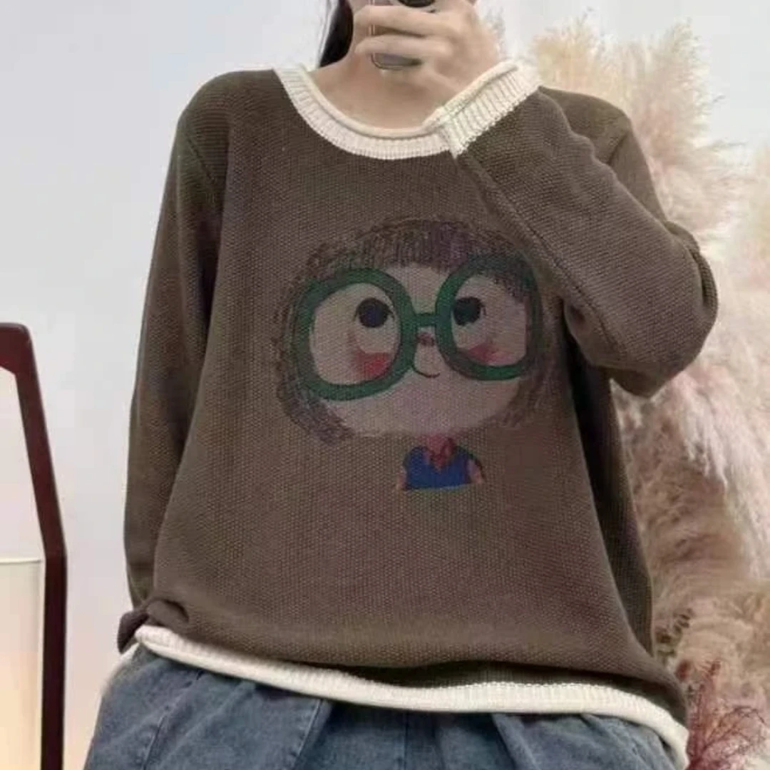 9852宽松休闲百搭眼镜女孩针织衫