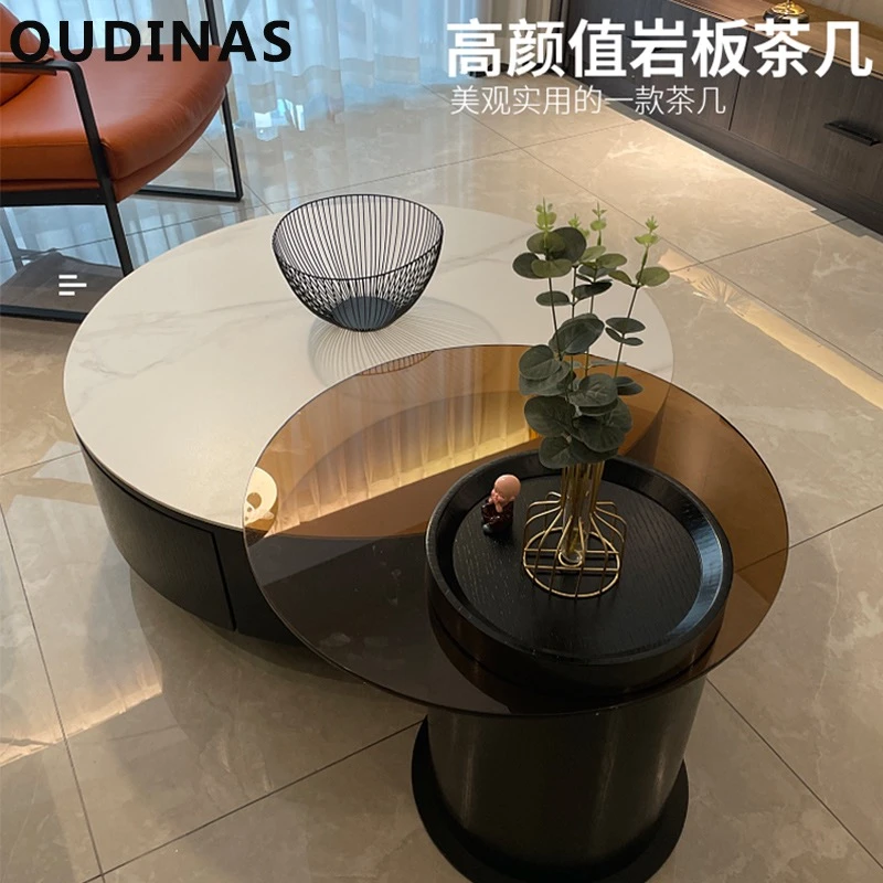 实木高级大小圆形轻奢现代小户型简约岩板玻璃双抽烤漆面网红茶几