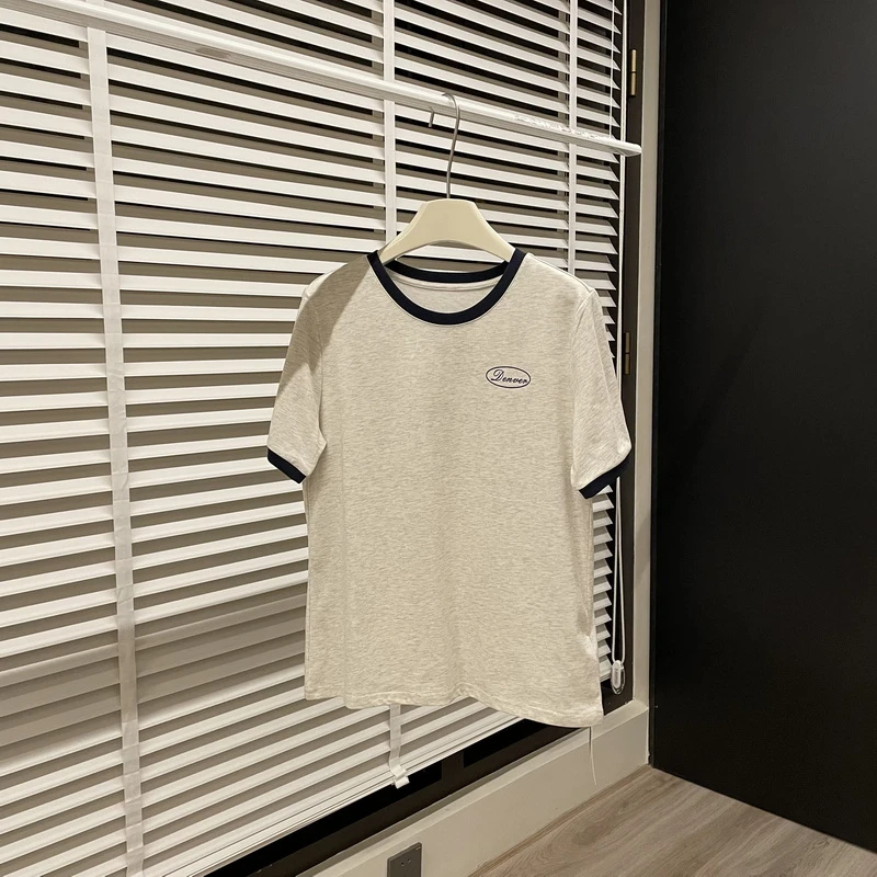 美式复古洋气的撞色宽松字母印花圆领短袖T恤 夏季