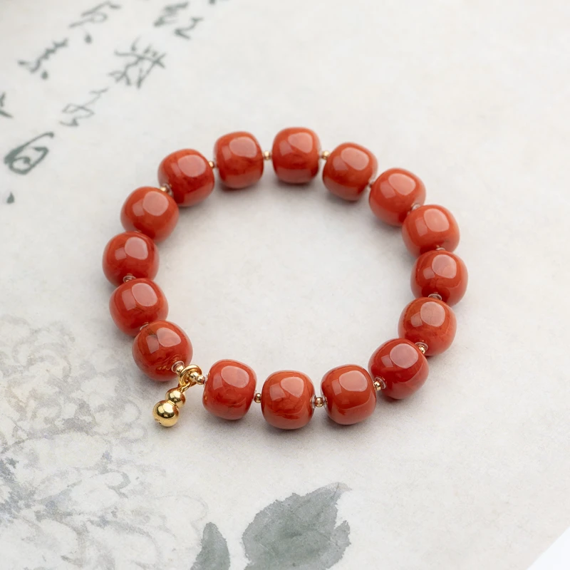 木欣欣 18K南红火焰纹11*9mm老型珠葫芦单圈手串原创天然玉石