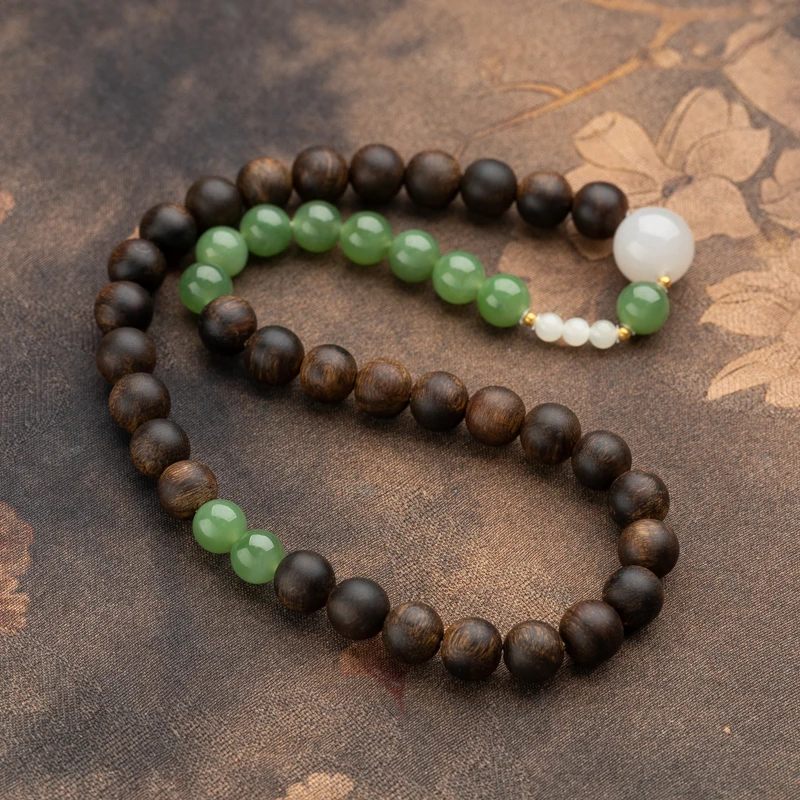 木欣欣18K 沉水 达拉干沉香8mm+和田玉双圈手串