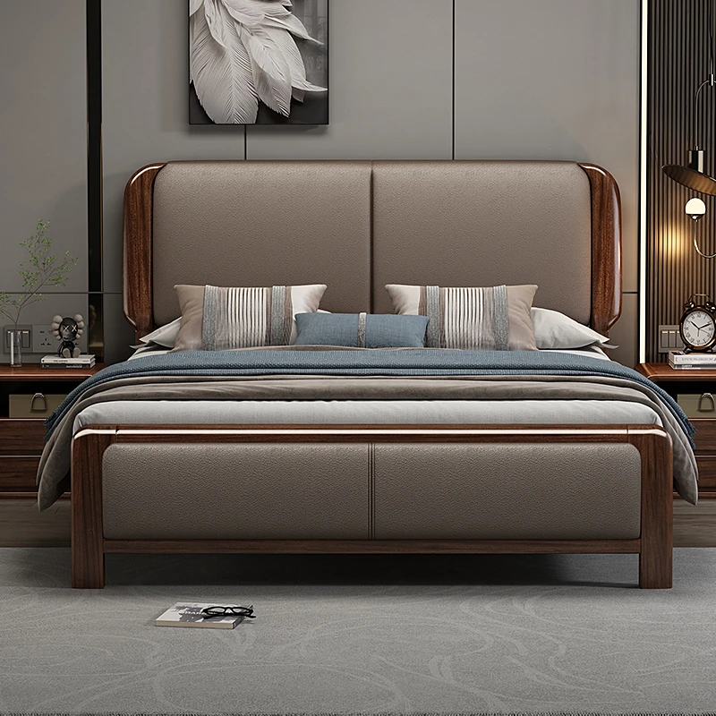 实木床胡桃木带真皮现代简约中式软包大床双人床主卧牛皮床