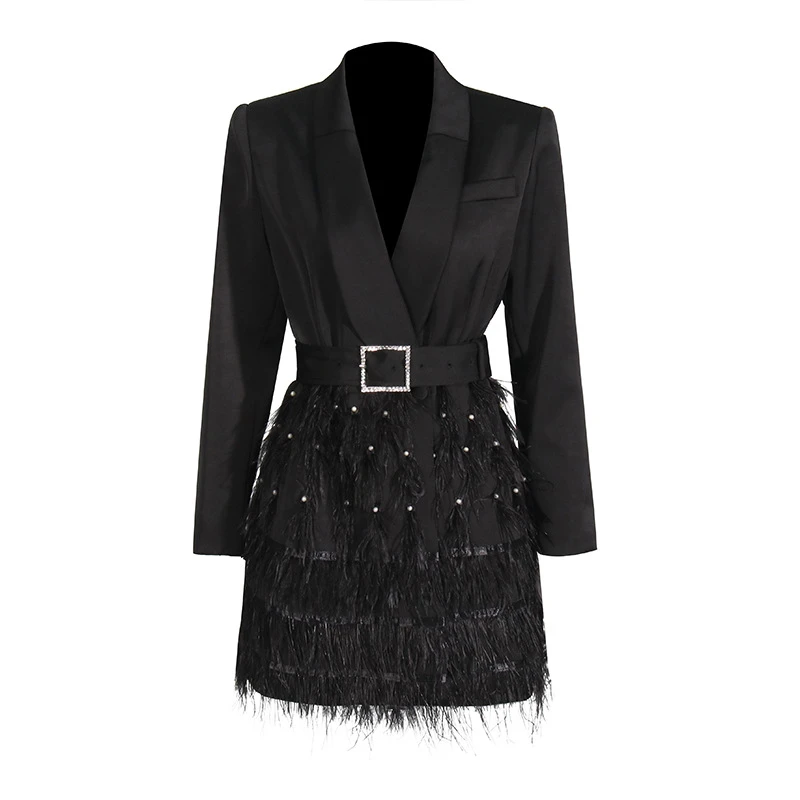 【醋酸羽毛*秀场】名媛风收腰短裙重工钉珠羽毛设计感西装连衣裙女