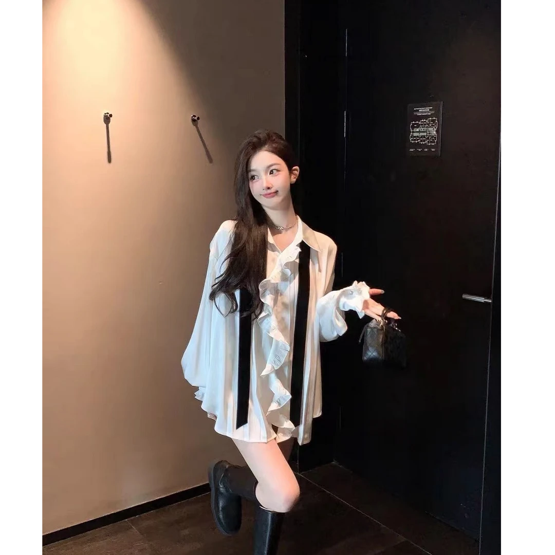 【蜜爷家】花边白衬衫配领带1187#