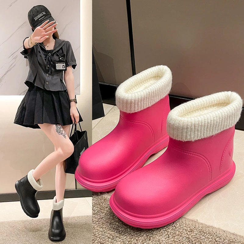 可爱时尚雨靴2023秋冬新款外穿保暖防水短筒女靴子加绒厚底雪地靴