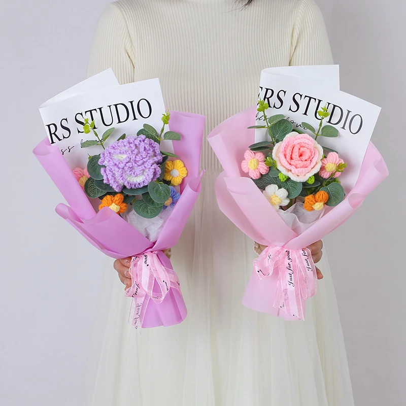 七夕节创意手工编织仿真毛线花花束针织玫瑰向日葵送闺蜜女友妈妈