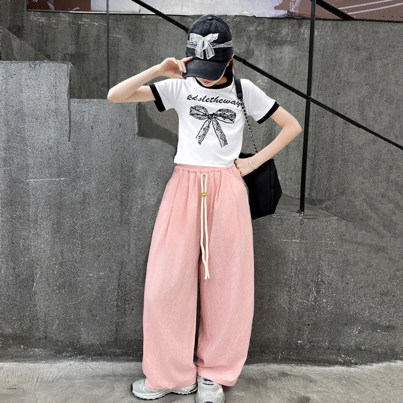 女童夏季薄款套装时髦儿童装阔腿裤夏天网红蝴蝶结短袖休闲两件套