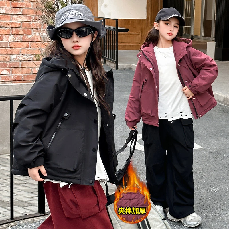 女童外套冬装2024新款时髦中大童夹棉加厚冲锋衣冬季女孩户外夹克