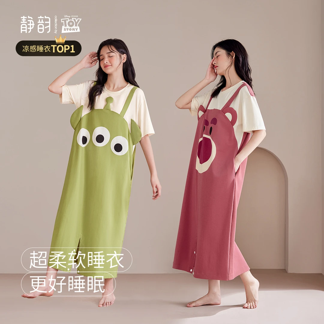 【凉感型】迪士尼草莓熊可爱睡衣女夏季可外穿薄款纯棉短袖睡裙
