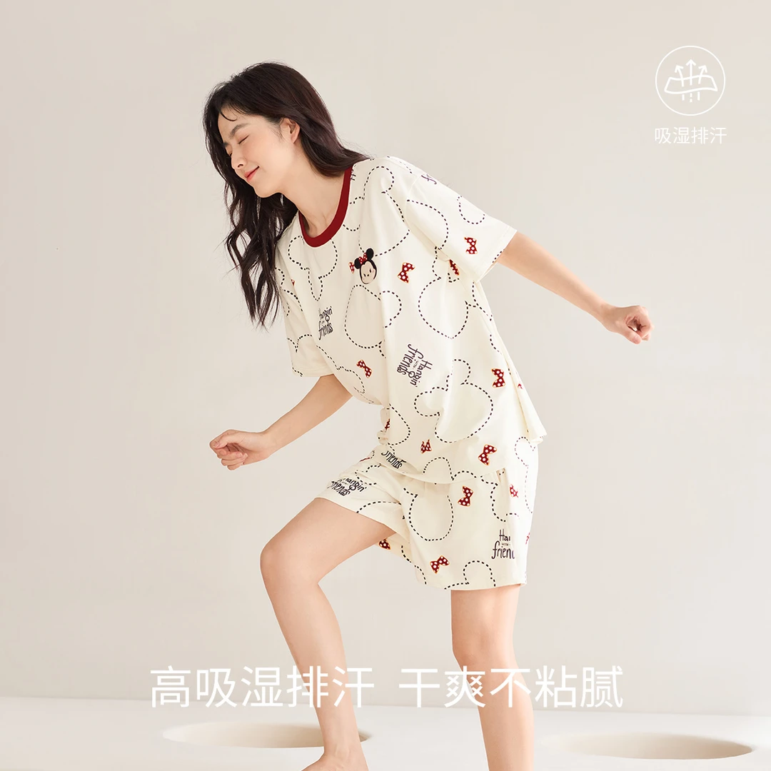 静韵【凉感型】迪士尼红色睡衣夏季情侣新婚本命年套装结婚家居服男
