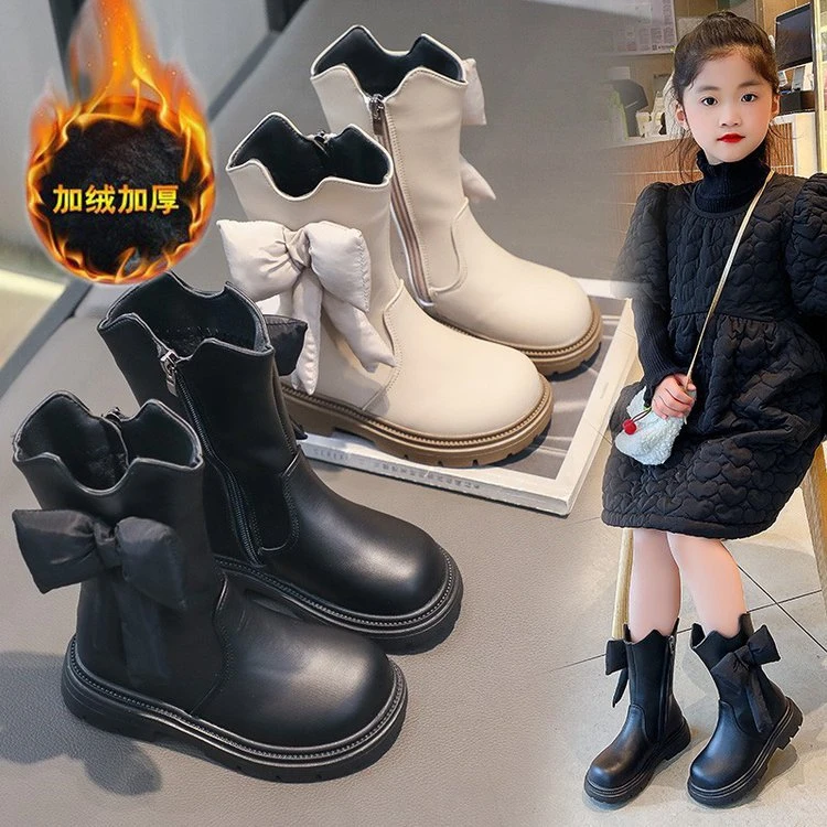 女童鞋子儿童长筒靴子2023秋冬新款加绒冬季宝宝中筒皮靴公主洋气
