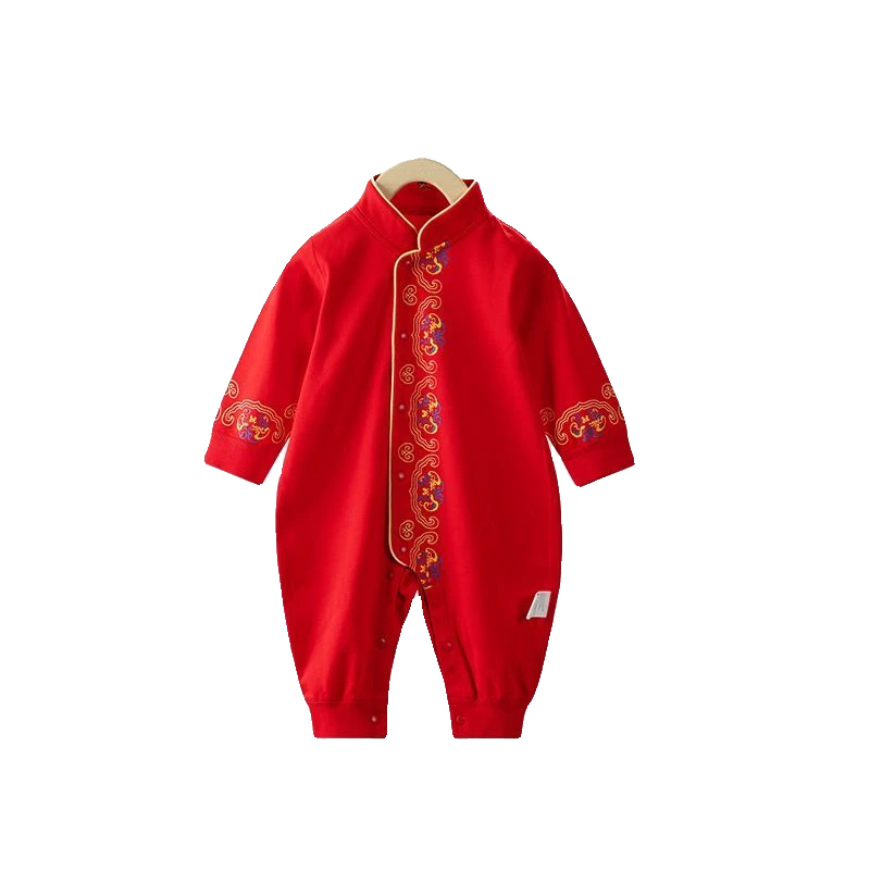 婴儿连体衣春秋纯棉无骨宝宝满月红色衣服新生儿哈衣爬服周岁礼服