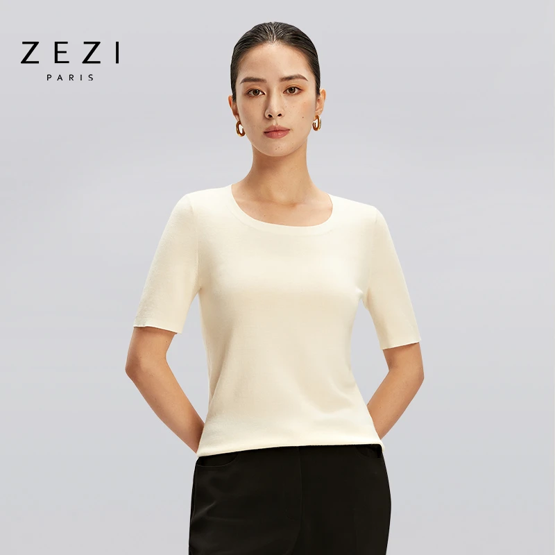 ZEZI进口扬子纱线_软糯修身打底U领短袖针织衫亲肤舒适弹力打底衫